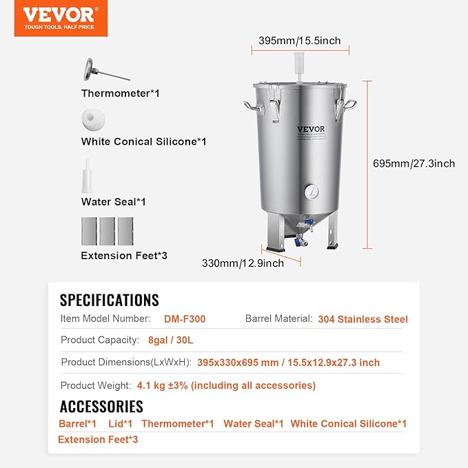 VEVOR Fermentation tank 8 Gallon Stainless Steel Beer Brew Fermentor Brew Bucket Fermentor for Home Brewing with Conical Base Brewing Equipment