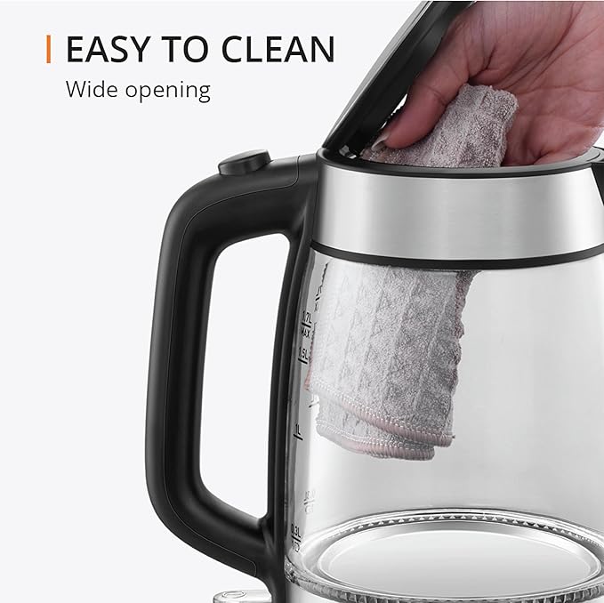 KRUPS 1.7L Glass Electric Kettle: Fast-Boiling 1500W with LED Indicator, Anti-Scale Filter, Auto Shut-Off, and Cordless Design - Boil 1 Cup in 80 Seconds for Perfect Tea and Coffee