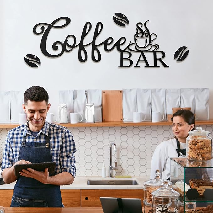 Coffee Bar Sign - Rustic Metal Hanging Decor for Home Office Kitchen (Coffee Bar and Bean Style)