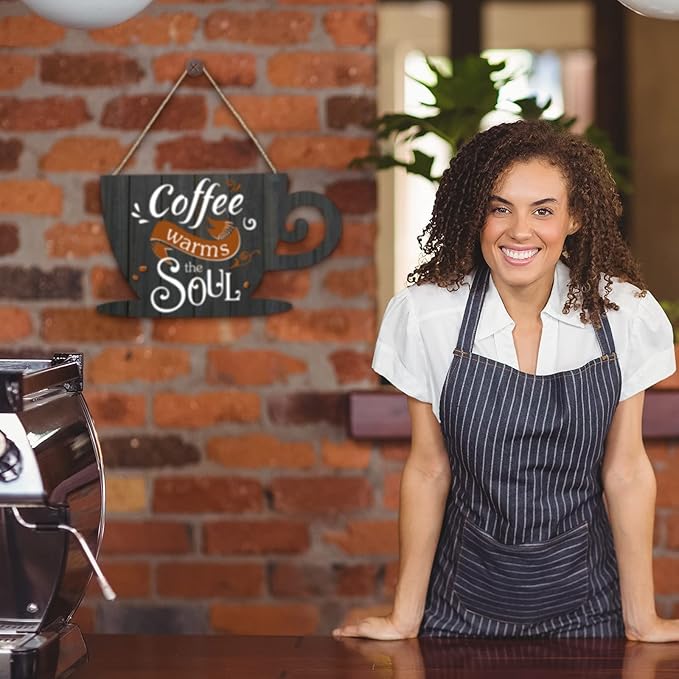 Jetec Coffee Bar Business Door Sign Wooden Wall Hanging Sign Rustic Farmhouse Cup Plaque Coffee Warms The Soul for Shop Store Window Restaurants Decoration 11.8 x 6.8 Inches