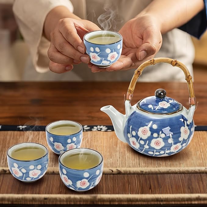 Japanese Tea Set, Ceramic Floral Tea Pot and 4 Pieces Cups with Infuser Bamboo Handle, Traditional Bone China Teapot Kit Gift for Coffee, Water, Home, Office