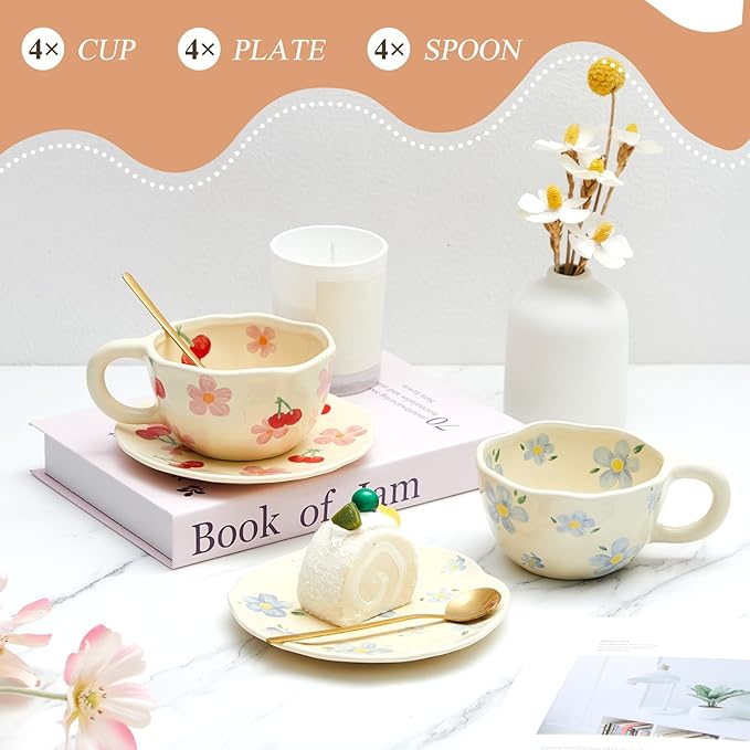 Vesici 4 Set Ceramic Flower Coffee Mug with Saucer Spoon 8.5 oz Vintage Floral Aesthetic Mugs Cute Tea Milk Cup for Women Mom Gift, Dishwasher and Microwave Safe (Mixed Styles)