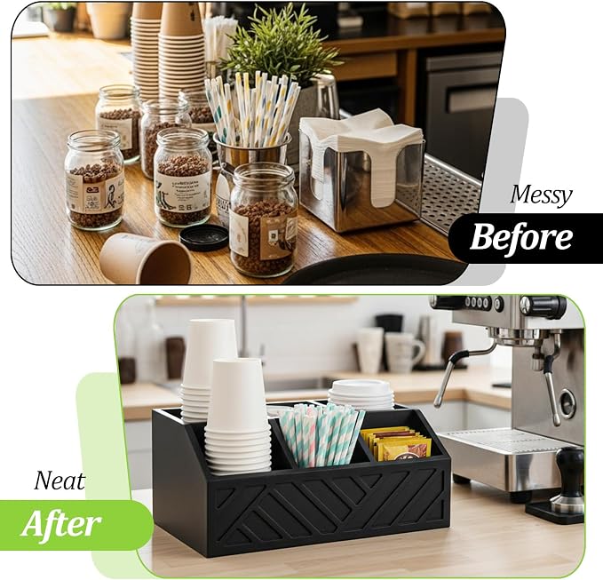 Kifmurase Black Coffee Station Organizer for Counter, Wood Coffee Pods Holder Storage Basket with 5 Compartments, Coffe and Tea Condiment Basket Storage Organizer, Farmhouse Bar Accessories Decor - Image 7