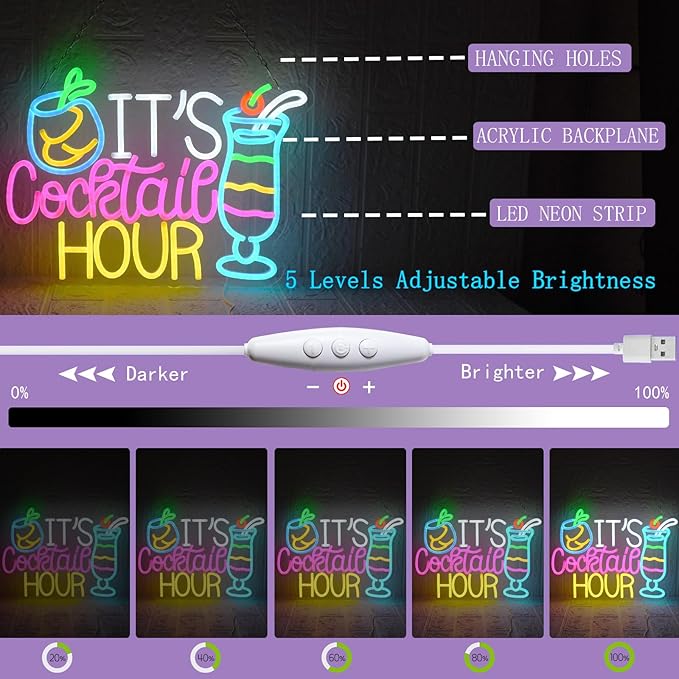 Cocktail Neon Sign It's Cocktail Hour Neon Light USB Dimmable LED Beer Signs for Beer Bar Coffee Cafe Home Pub Man Cave Stores Hotel Party Window Wall Decor Restaurant