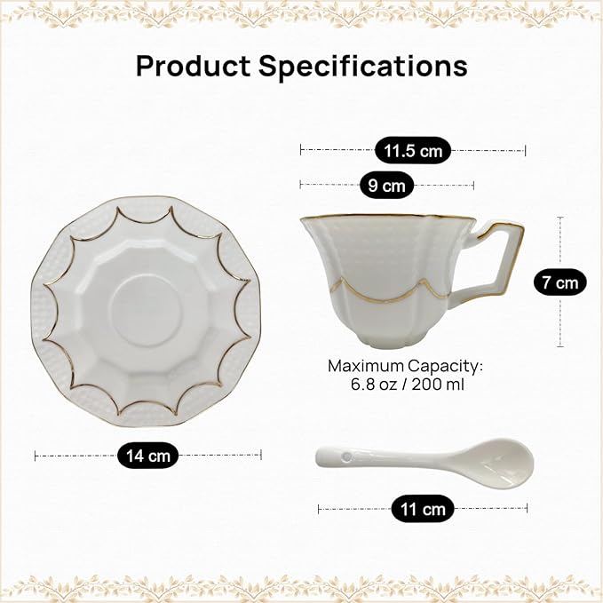 Tea Cup and Saucer Set for 1, Coffee Cup with Saucer and Spoon, Espresso Latte Cup for Women Gift, Dishwasher Safe, 6.8 Oz