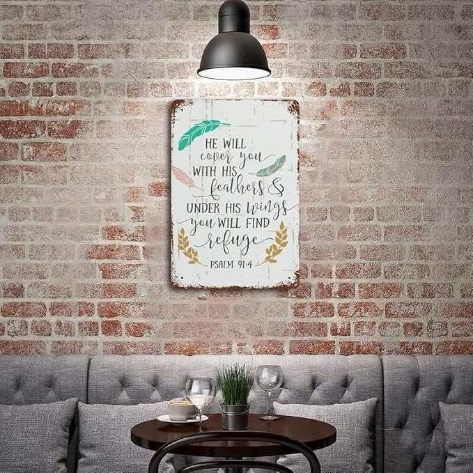 He Will Cover You with His Feathers And Under His Wings Metal Sign Inspirational Bible Verse Metal Plate Vintage Christian Religious Faith Tin Signs Wall Art 8x12 Inches by Unknown
