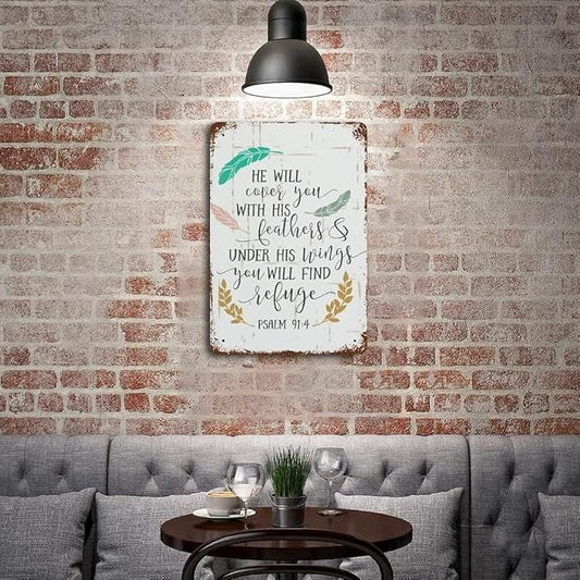 He Will Cover You with His Feathers And Under His Wings Metal Sign Inspirational Bible Verse Metal Plate Vintage Christian Religious Faith Tin Signs Wall Art 8x12 Inches by Unknown