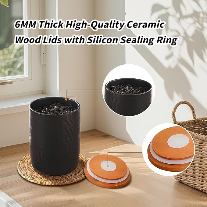 Food Storage Jar Strong Ceramic Storage Canisters with Airtight Wooden Lid,Kitchen Storage Containers for Serving Coffee Beans, Tea, Sugar, Salt, Spices (Black three-piece set)