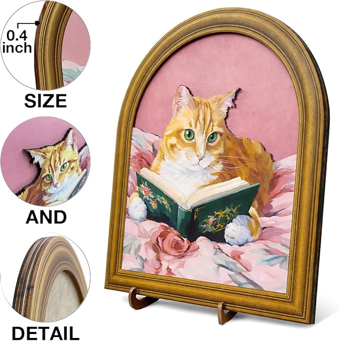 3D Pink Cute Cat Reading Table Decor Sign, Vintage Cat with Book Wall Art Sign for Home Bedroom Reading Room Desk Wall Shelf Decor 8x10 Inch