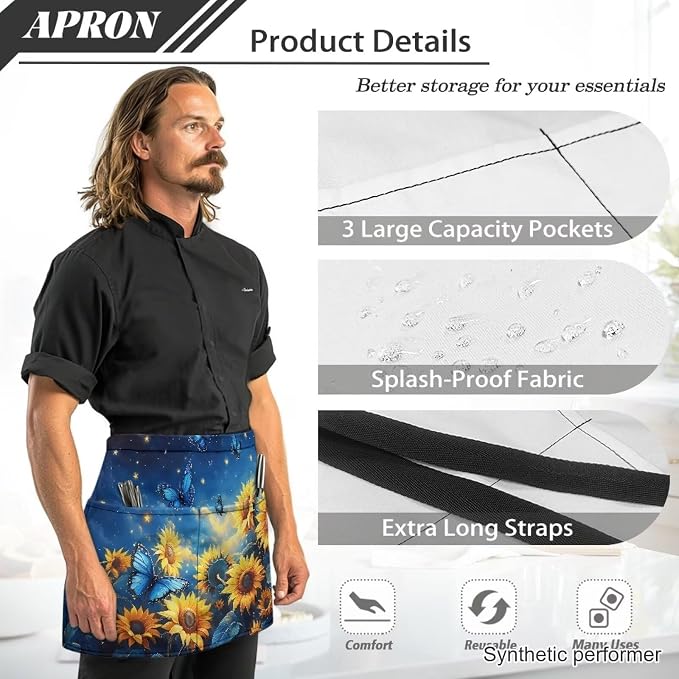 Waist Apron with 3 Pockets Waterproof 13 Inch Short Half Waist Aprons Women Men Server Aprons Waitress Waiter Apron - Image 6