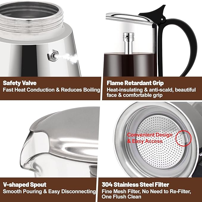 6 Cup Glass Transparent Moka Pot Stainless Steel Uncoated Stovetop Espresso Maker Italian Coffee Makers Mocha Greca Machine Cafe Classic Induction Cookers for Home Camping 350ml