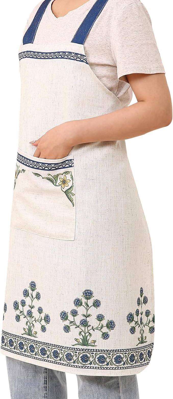 patdrea Blue Floral Linen Apron with Pocket,French Kitchen Garden Chef BBQ Aprons for Women and Men,Crisscross Back Straps - Image 3