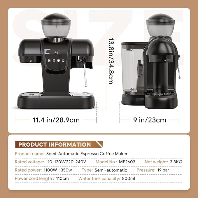 20 Bar Espresso Machine with Grinder & Steam Wand - Semi Automatic Coffee Maker, NTC Intelligent Temp Control, 58mm Stainless Steel Portafilter, One-Touch Panel for Home Barista (Removable Water Tank)