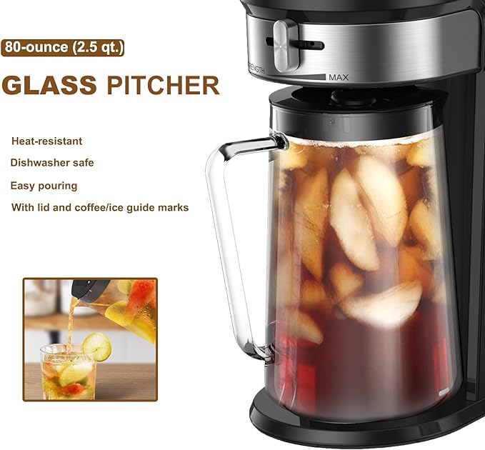 LITIFO Iced Tea Maker and Iced Coffee Maker Brewing System with 2.5-quart Pitcher, sliding strength selector for Taste Customization, Stainless Steel (Black 2.0)