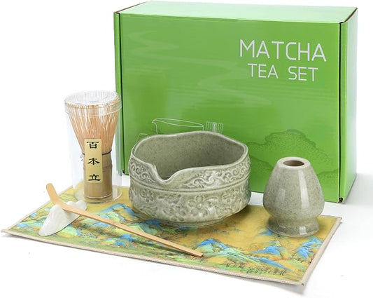 7Pcs Matcha Whisk Set, Ceramic Matcha Bowl with Spout, Bamboo Whisk and Holder,Bamboo Scoop,Scoop Rest,Sifter,Tea Towel,Matcha Kit with Cherry Blossom Carved Patterns (Sakura Green)