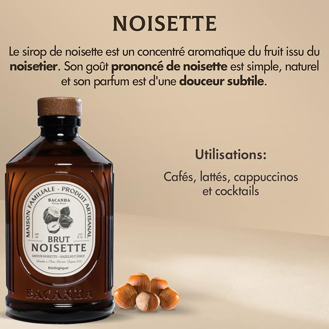 Bacanha Organic Raw Hazelnut Syrup - Premium French Nut Syrup - Rich & Toasty Flavor for Coffee, Desserts & Cocktails - Gourmet and Organic - For Lattes, Mocktails, Tea - 400ml Glass Bottle - Image 4