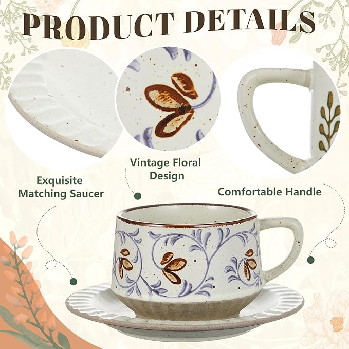 LemonRoad 2 Sets Vintage Tea Cup and Saucer Set Floral Tea Cup with Saucer 10oz Porcelain Vintage Coffee Mugs for Spring Party Birthday Gift Coffee (Leaves and Tang Grass Design)