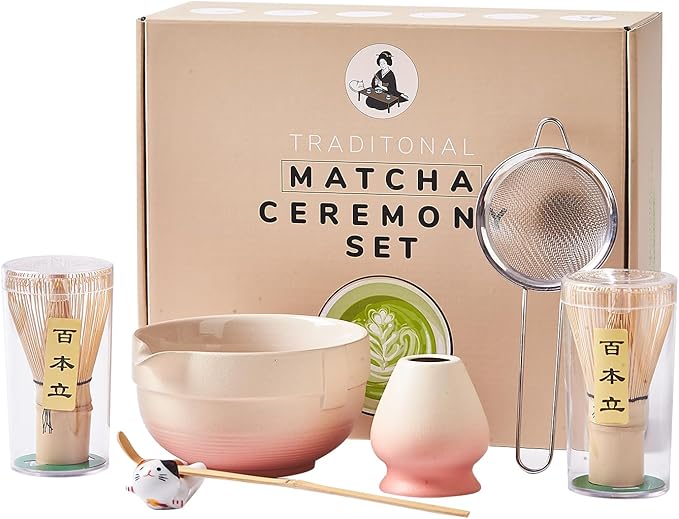 Matcha Whisk Set, Matcha Set Includes 2X Matcha Whisk, Matcha Bowl and Chasen Holder, Bamboo Scoop, Scoop Rest, Sifter - 7 Pcs Matcha Kit for Tea Ceremony, Gift for Matcha Lover (Yellow to Orange)