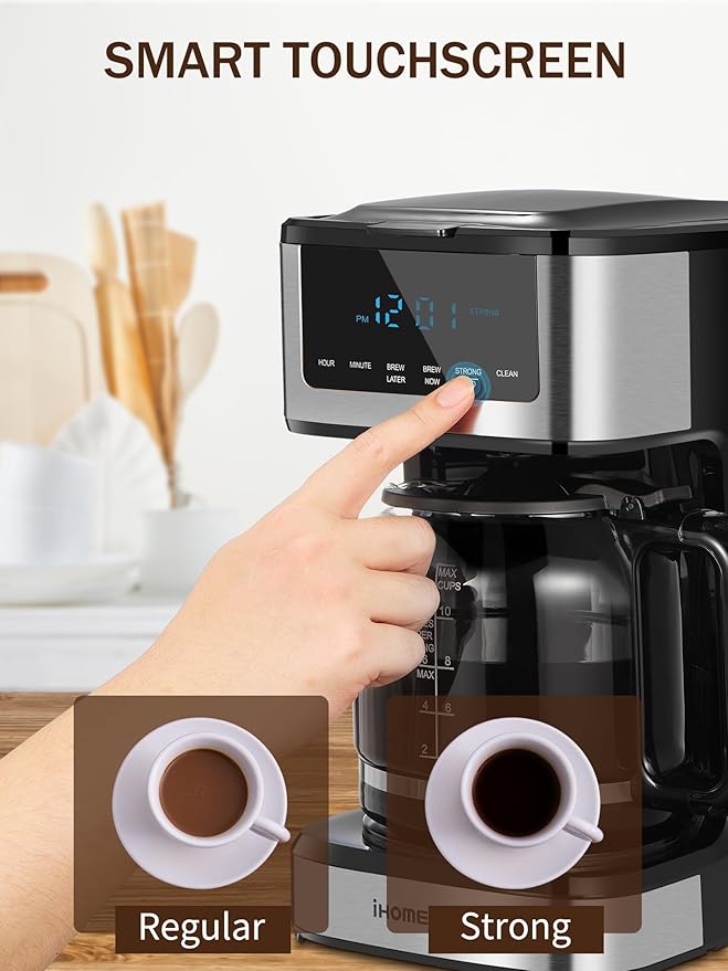 Coffee Maker, Programmable Drip Coffee Maker 12 Cup, Regular & Strong Brew Drip Coffee Machine with Iced Coffee Function for Home and Office, Black & Stainless Steel (Black,Silver)