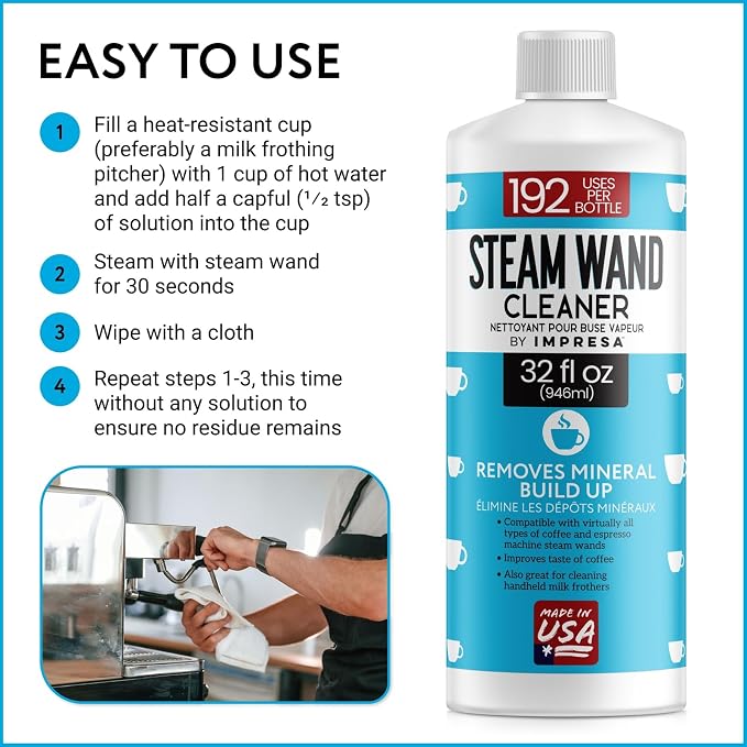 IMPRESA 32 oz Steam Wand Cleaner, Removes Mineral Buildup and Milk Protein Residue in Steam Wands, Milk Frothers, and Stainless-Steel Pitchers, Up to 192 Uses, Barista Cleaning Tool - Image 4