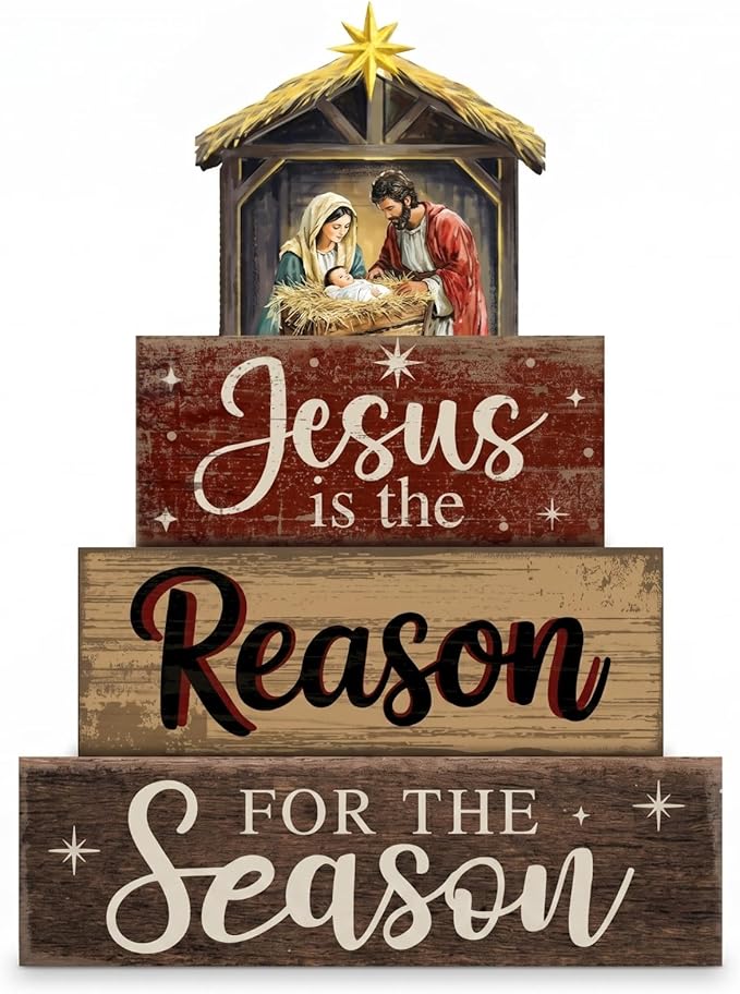 Moucuny 4 Pcs Wooden Tabletop Decor Tiered Tray Decor Centerpiece Rustic Decorative Block Signs Gift Farmhouse Table Decoration for Home Kitchen(Jesus is the Reason of This Season)