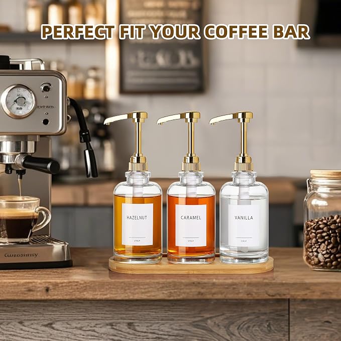 Coffee Syrup Dispenser, Glass Syrup Pump Dispenser for Coffee Bar Accessories, Maple Syrup Bottles with Tray, 16.9 fl oz Simple Syrup Bottles with 1/4oz Large Capacity Gold Pump - Image 5