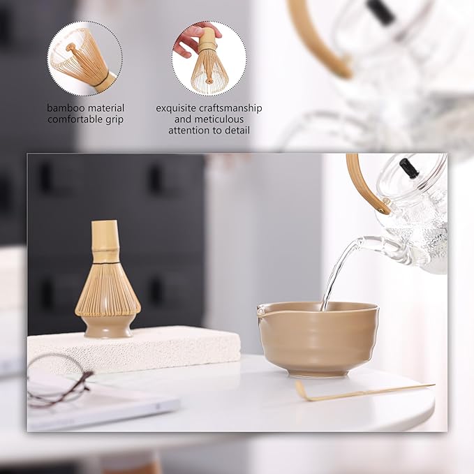 Matcha Tea Set – Traditional Japanese Ceremony Kit with 18.5OZ Ceramic Bowl, Bamboo Whisk, Scoop, and Holder – Ideal for Authentic Matcha Preparation and Gifting (Mocha Brown)