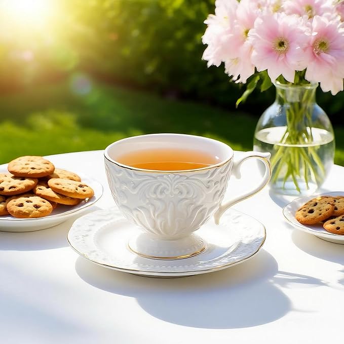 Cups and Saucers Tea Cups Set of 2, Ceramic Coffee Cups with Floral Embossed Design, 200ml (7 oz) Tea Cups and Saucers Porcelain Mugs for Birthday Party Cafe Home Mother's Day Gift