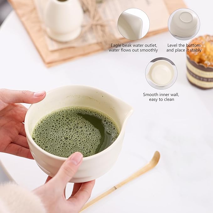 Matcha Tea Set – Traditional Japanese Ceremony Kit with 18.5OZ Ceramic Bowl, Bamboo Whisk, Scoop, and Holder – Ideal for Authentic Matcha Preparation and Gifting (Cream White)