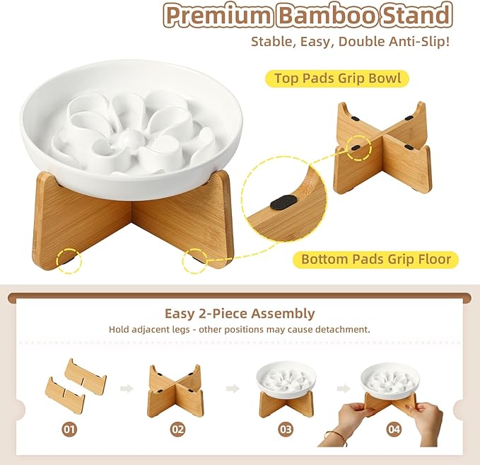 Slow Feeder Cat Bowl Combo - Melamine Maze Dish in 2 Styles (Single Bowl & with Bamboo Stand) - Whisker Friendly, Elevated & Shallow Design - White