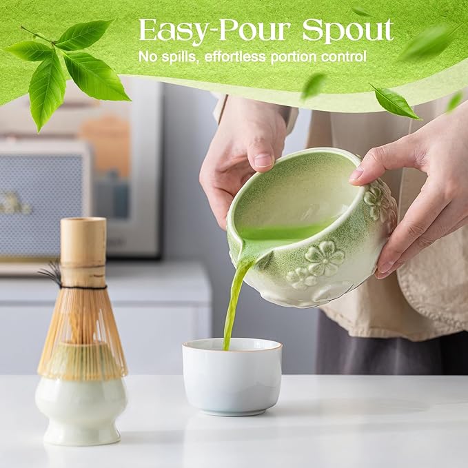 8 PCS Matcha Whisk Set, Green Matcha Kit Set WithCherry Blossom Embossed Pattern Includes Bowl with Spout, Bamboo Whisk, Ceramic Holder, Bamboo Scoop x2, Scoop Rest, Stainless Sifter and Tea Towel