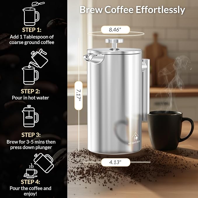French Press Coffee Maker 304 Stainless Steel 34 Oz Large Double-Walled Insulated French Press 3 Level Filtration System For Kitchen, Camping & Gifting in Premium Box - Dishwasher Safe