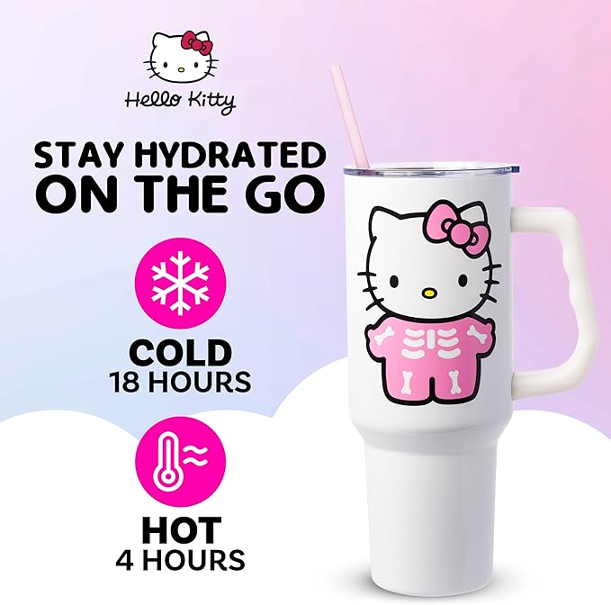 Silver Buffalo Sanrio Hello Kitty Halloween Spooky Skeleton Costume Double Walled Stainless Steel Tumbler with Handle and Straw, Fits in Standard Cup Holder, 40 Ounces