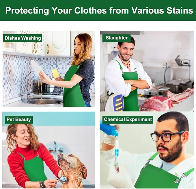 SHEOMERN Waterproof Rubber Apron, 43" Anti-Tear Heavy Duty Vinyl Adjustable Thicker Cross Back Dishwasher Apron for Restaurant Dishwashing, Butcher, Lab Work, Dog Grooming Green