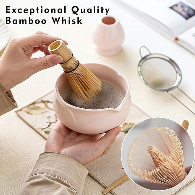 5Pcs Matcha Set Bowl and Whisk, Pink Ceramic Matcha Set Kit, Complete Matcha Making Kit Gift for Ceremony Matcha Tea Lover