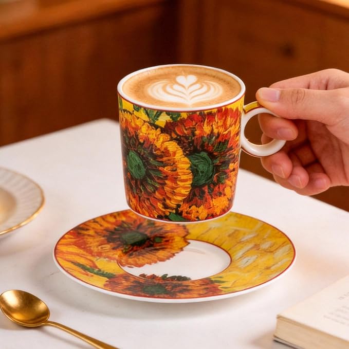 KAMMAK Tea Cups and Saucers Set of 2, Fine Bone China Coffee Cups, Stackable Espresso Mugs, Ceramic Demitasse for Coffee, Cappuccino, Latte, Americano, Tea, Small - Sunflower Oil Painting