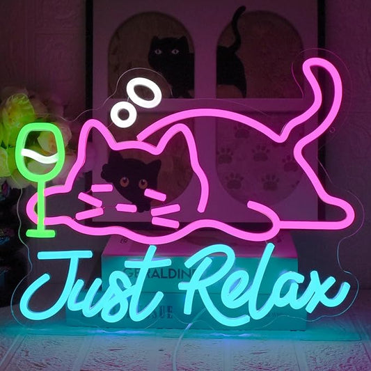 Cat Beer Neon Sign, Just Relax Neon Signs for Wall Decor, USB Dimmable Pink Cat Bar Light Up Sign for Pet Lover Bedroom Bar Birthday Party Game Room Man Cave Home Decor