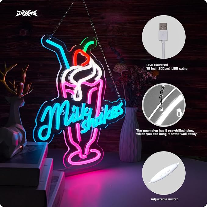 Milk Shakes Neon Signs Ice Cream Neon Light Milk Tea LED Neon Light Milk USB Powered Dimmable(12.6x14.8 Inch) - Image 3