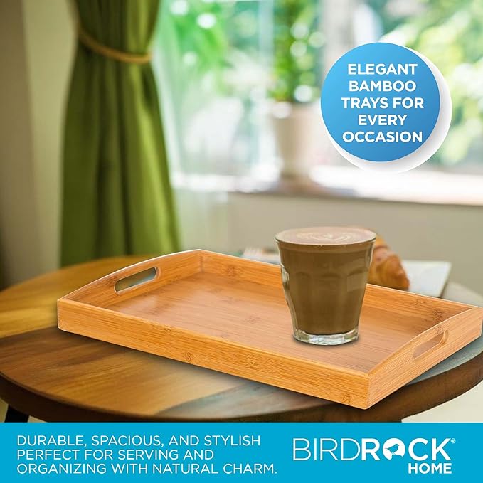 BirdRock Home 3 pc Breakfast Bed Tray (Rounded) - Bamboo - Cut Out Handles - Set of 3 - Bamboo - Nesting
