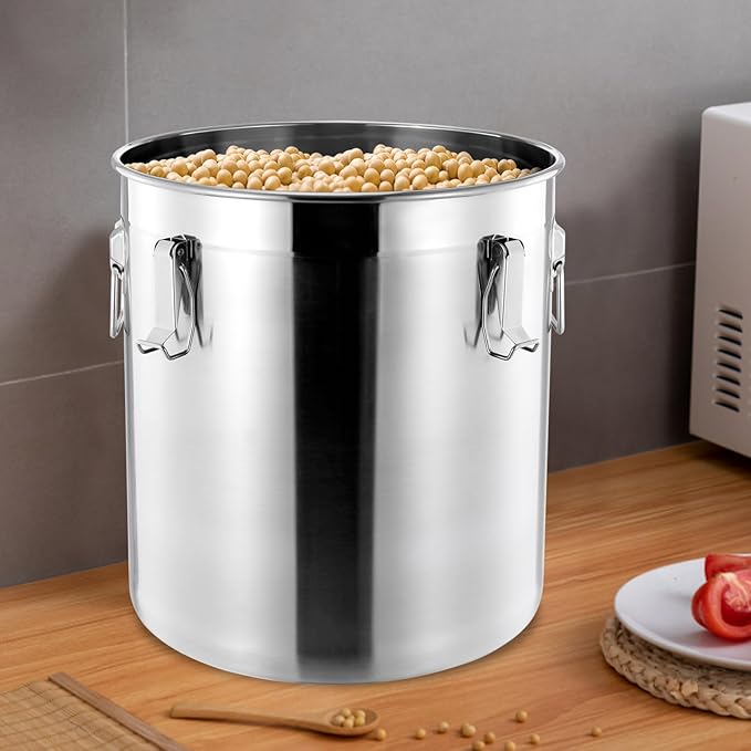 304 Stainless Steel Airtight Canister, Kitchen Metal Food Storage Canisters w/Airtight Lid & Locking Clamp, Cereal Container for Rice Flour Milk Coffee Bean, Silver (48L)