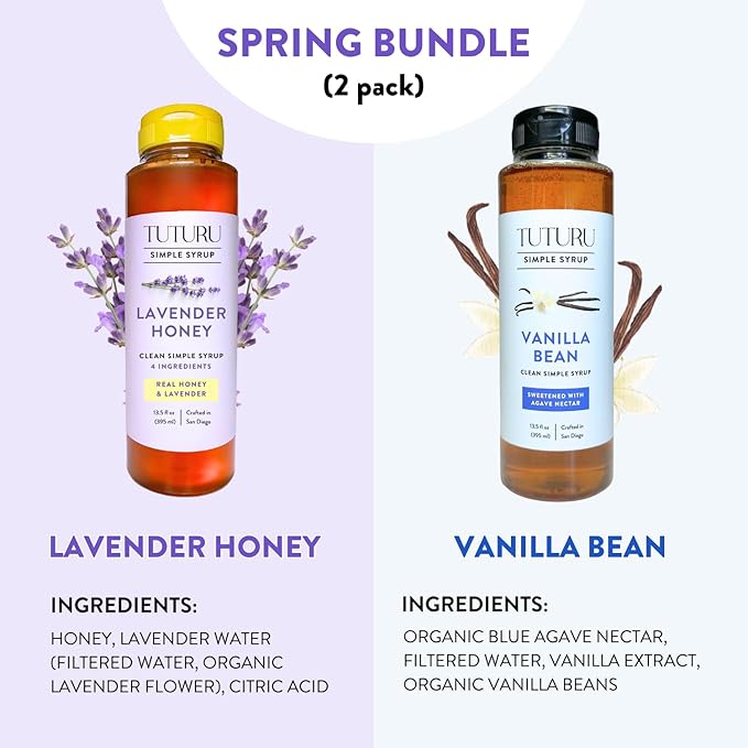 Spring Syrup Bundle - Lavender Simple Syrup and Vanilla Simple Syrup for Coffee, Cocktails, Matcha - Sweetened with real Honey and Agave Nectar - Infused with Real Spices - 13.5 oz (2 Pack)