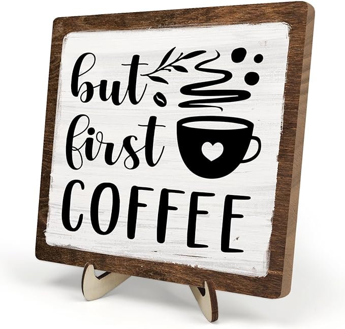 Vintage Coffee Bar Wooden Plaque Desk Sign, Farmhouse Wood Plaque Tabletop Decor for Cafe Bar Kitchen Office,Coffee Station Accessories 5.9x5.9Inch (White&Brown4, 5.9x5.9inches)