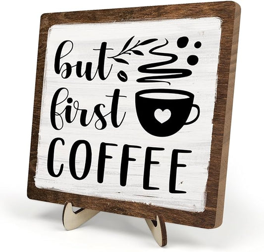 Vintage Coffee Bar Wooden Plaque Desk Sign, Farmhouse Wood Plaque Tabletop Decor for Cafe Bar Kitchen Office,Coffee Station Accessories 5.9x5.9Inch (White&Brown4, 5.9x5.9inches)