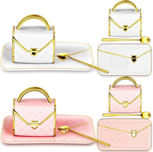 Zubebe 2 Sets Coffee Mug Elegant Handbag Shaped Cup Mother's Day Modern Ceramic Purse Mug with Spoon and Saucer, 10oz Cute Creative Tea Cup for Woman Girls Gift (Pink,White)