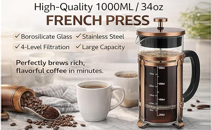 French Press Coffee Maker, 34Oz Coffee Press with 304 Stainless Steel 4 Filters, Borosilicate Glass Heat Resistant Carafe, 100% BPA-Free Teapot & Coffee Press, Copper Finish