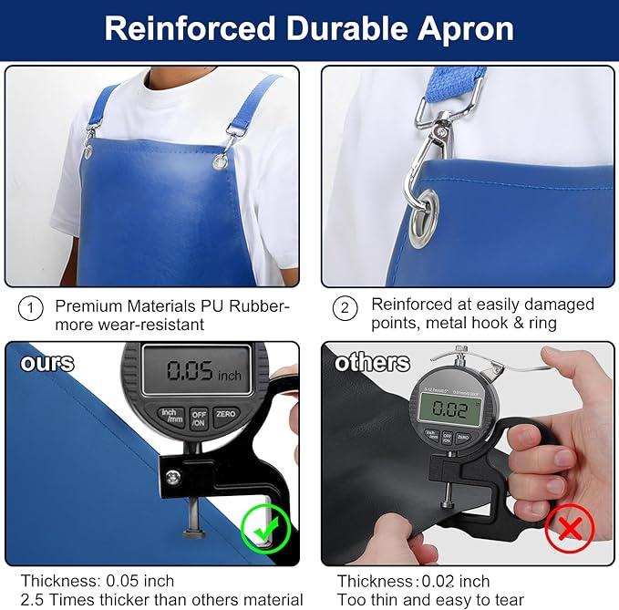 SHEOMERN Heavy Duty Vinyl Industrial Anti-Tear Apron, 43" x 26" Waterproof, Chemical Resistant, Blue, Unisex-Adults