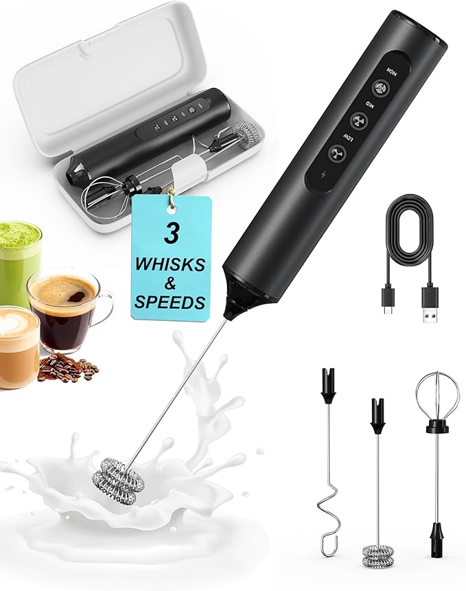 Rechargeable Handheld Milk Frother Wand with 3 Whisks & Storage Box, 3-Speed Electric Drink Mixer for Latte, Cappuccino, Hot Chocolate, Matcha and Eggs, Kitchen & Coffee Gift Set