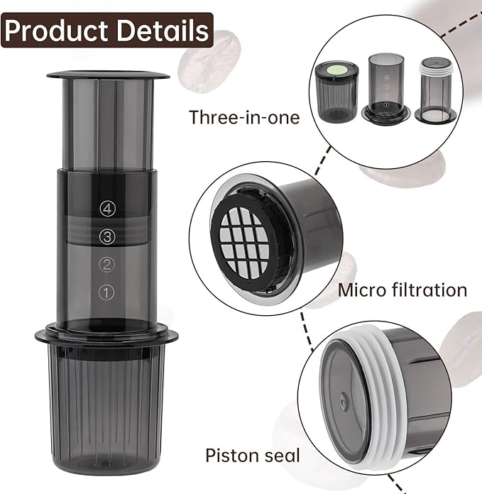 Portable Coffee Maker for Camping & Travel, Aeropress Coffee Maker, Manual Espresso Machine Coffee Press – 3 In 1 Brew Method Combines French Press, Espresso, Full Bodied Coffee Without Grit