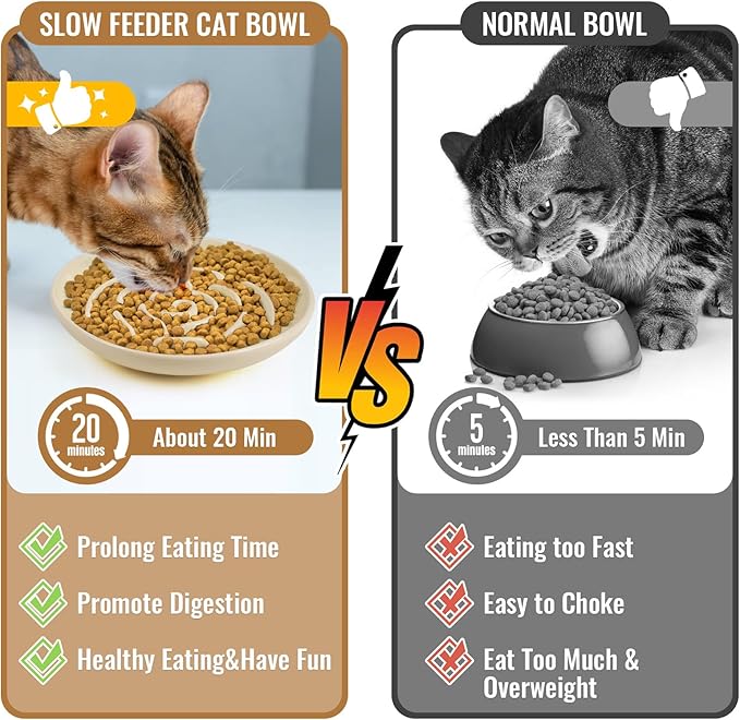 Slow Feeder Cat Bowl Set of 2, Ceramic Slow Feeding Cats Bowl Whisker Friendly, Anti Vomiting Cat Feeder for Dry and Wet Food，Fun Maze Interactive Bloat Stop Puzzle Bowls for Healthy Eating Diet
