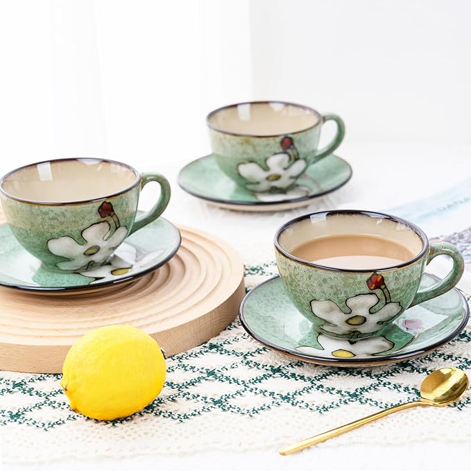 8 Oz Floral Porcelain Cappuccino Cups with Saucers Set of 4, Stoneware Tea Coffee Mugs for Home Kitchen & Office, Dishwasher Microwave Oven Safe, for Espresso, Latte, Americano, Milk & Tea, Green